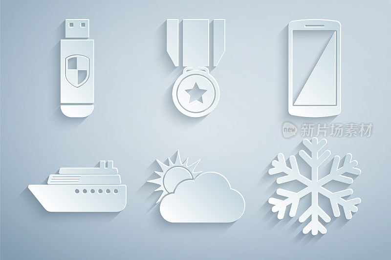 Set Sun and cloud weather, Smartphone, mobile phone, Ship, Snowflake, Medal with star and USB drive shield icon. Set Sun and cloud weather, Smartphone, mobile phone, Ship, Snowflake, Medal with star and USB drive shield。向量
